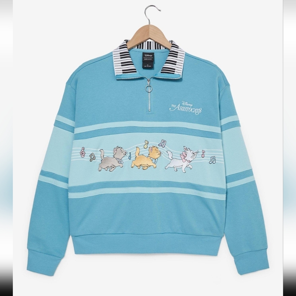 NWT Disney Women's Sweater The Aristocats Piano Quarter Zip Crewneck Top